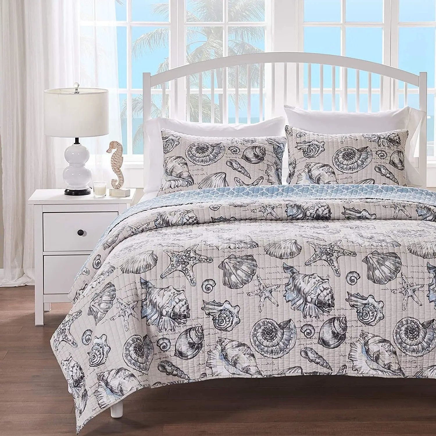 King/CAL King 3 Piece Microfiber Beach Shells Coastal Reversible Quilt Set by HomePacific