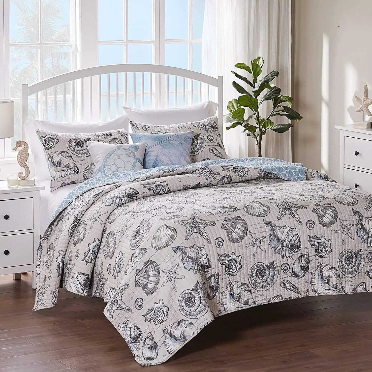 King/CAL King 3 Piece Microfiber Beach Shells Coastal Reversible Quilt Set by HomePacific