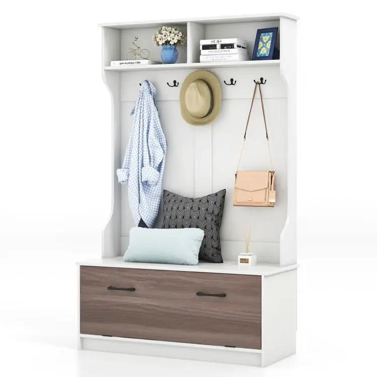 Entryway Bench Coat Rack Shoe Storage Cabinet in White Oak Wood Finish by HomePacific