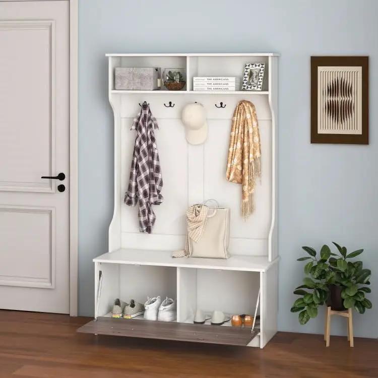 Entryway Bench Coat Rack Shoe Storage Cabinet in White Oak Wood Finish by HomePacific
