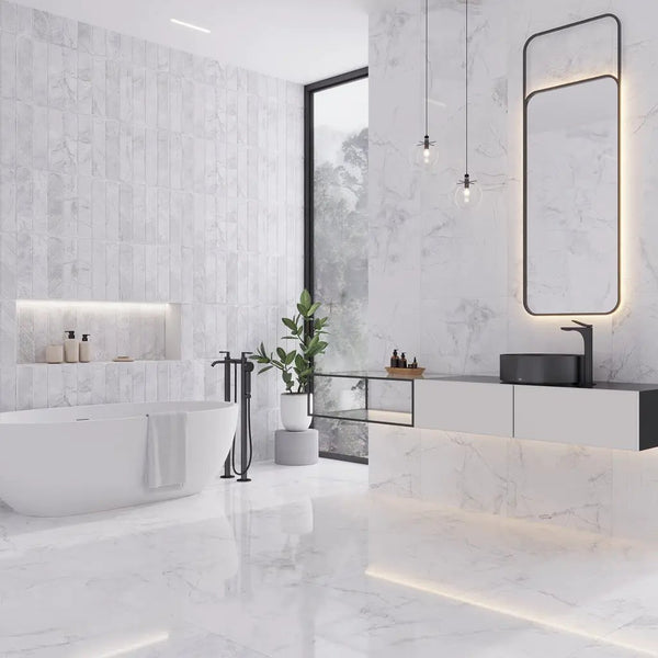 Bright White with Gray 24x48 Polished Porcelain Large Format Tile (2 pack, 15.5 sq ft/case)