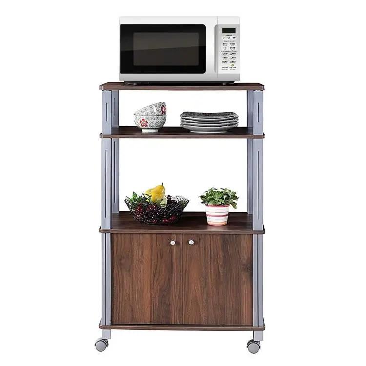 Modern 3-Shelf Kitchen Baker’s Rack Cart on Wheels in Brown Wood Finish by HomePacific