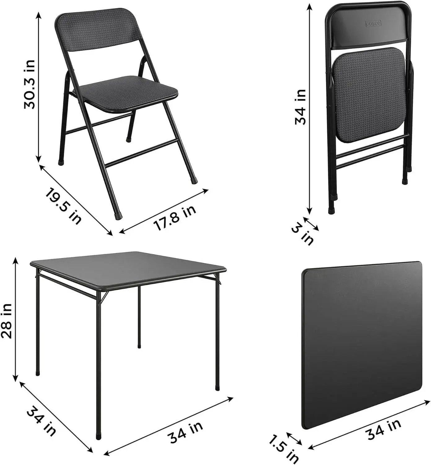 Black 5-Piece Square Folding Dining Table with 4 Chairs Guest Set Card Table by HomePacific