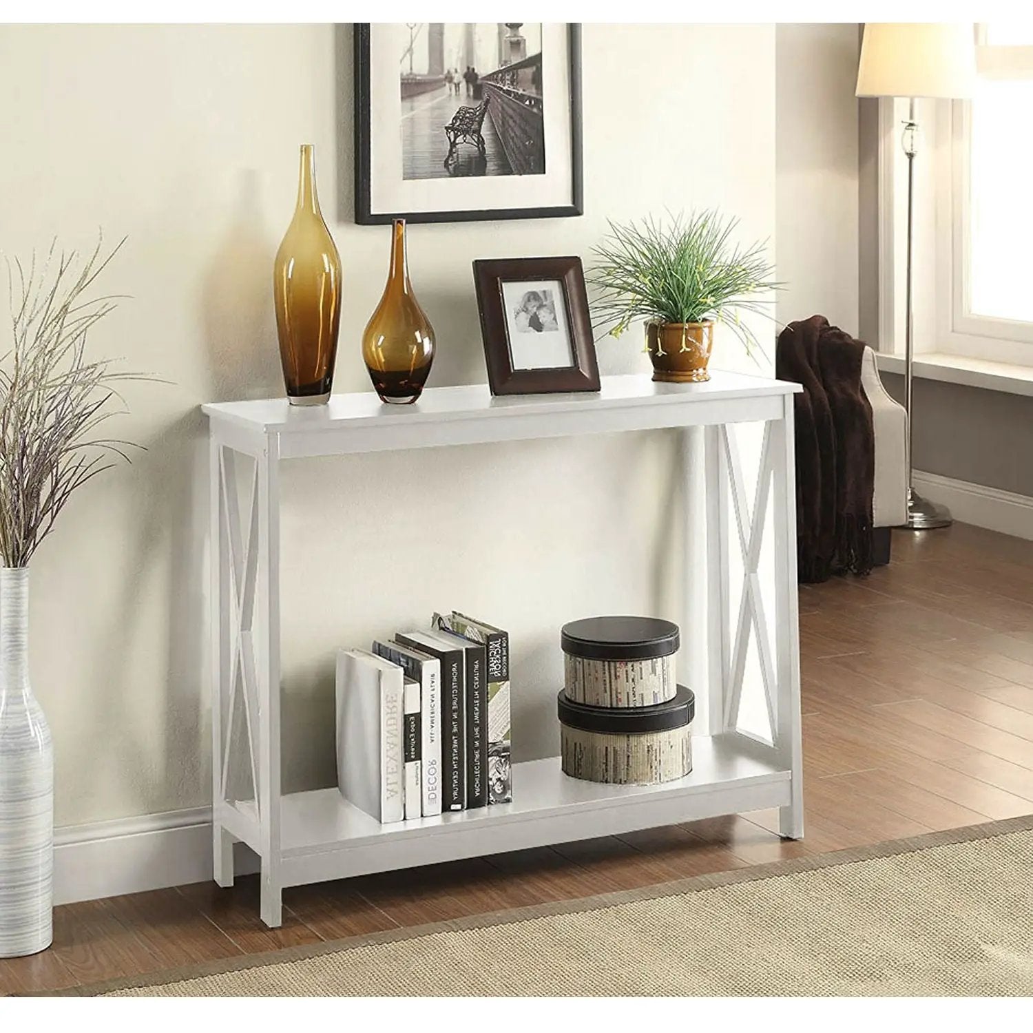 White Wood Console Sofa Table with Bottom Storage Shelf by HomePacific