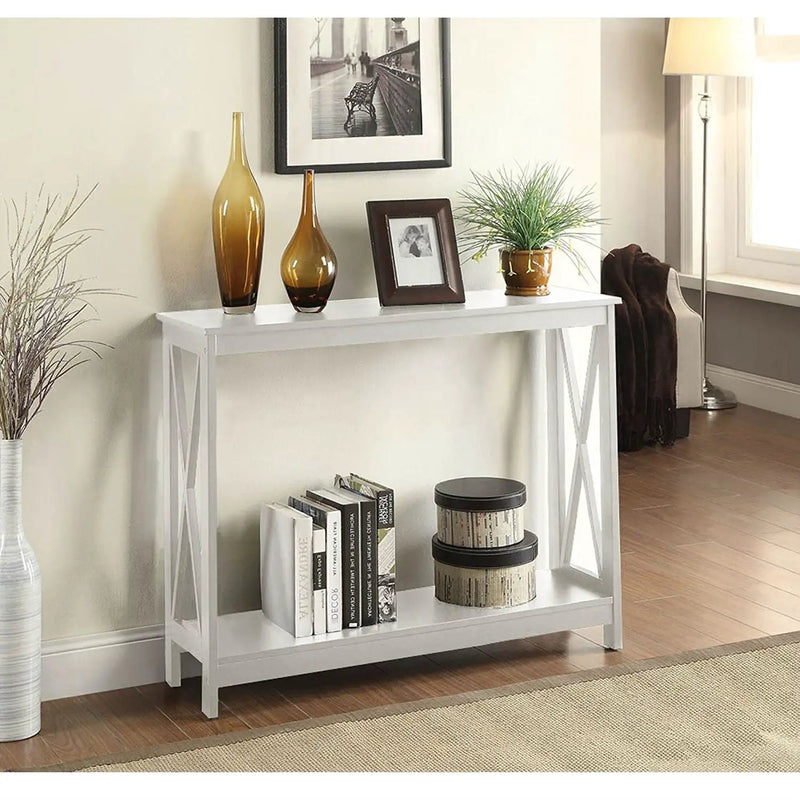 White Wood Console Sofa Table with Bottom Storage Shelf by HomePacific