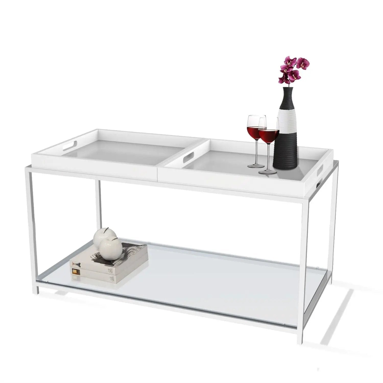Modern Chrome Metal Coffee Table with 2 White Removable Trays by HomePacific