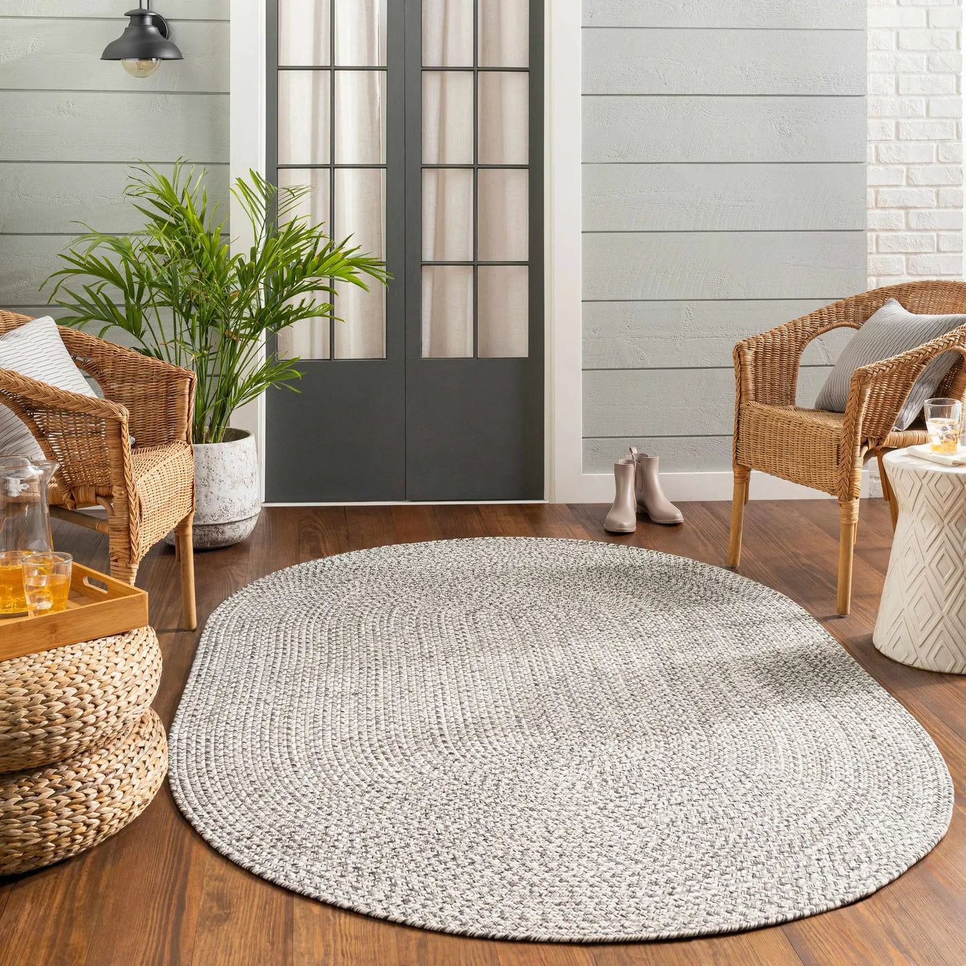 Cream Charcoal Braided Faux Jute Outdoor Rug by Boutique Rugs