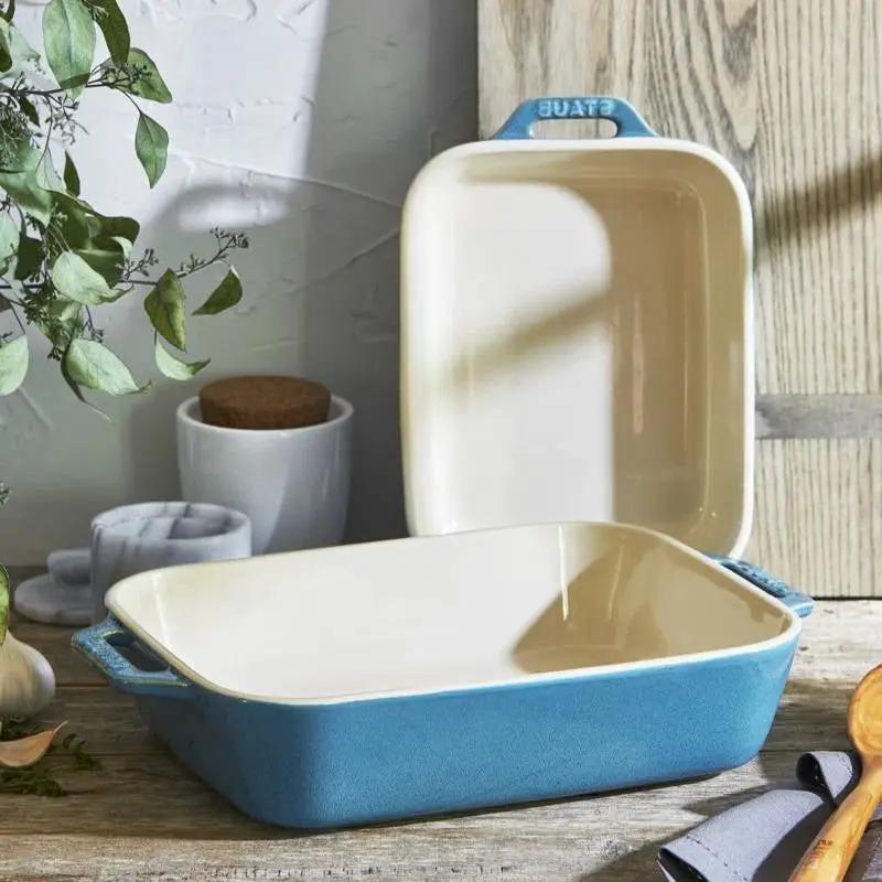 Set of 2 - Ceramic Stoneware Baking Dish Set in Blue Green Turquoise Ivory by HomePacific