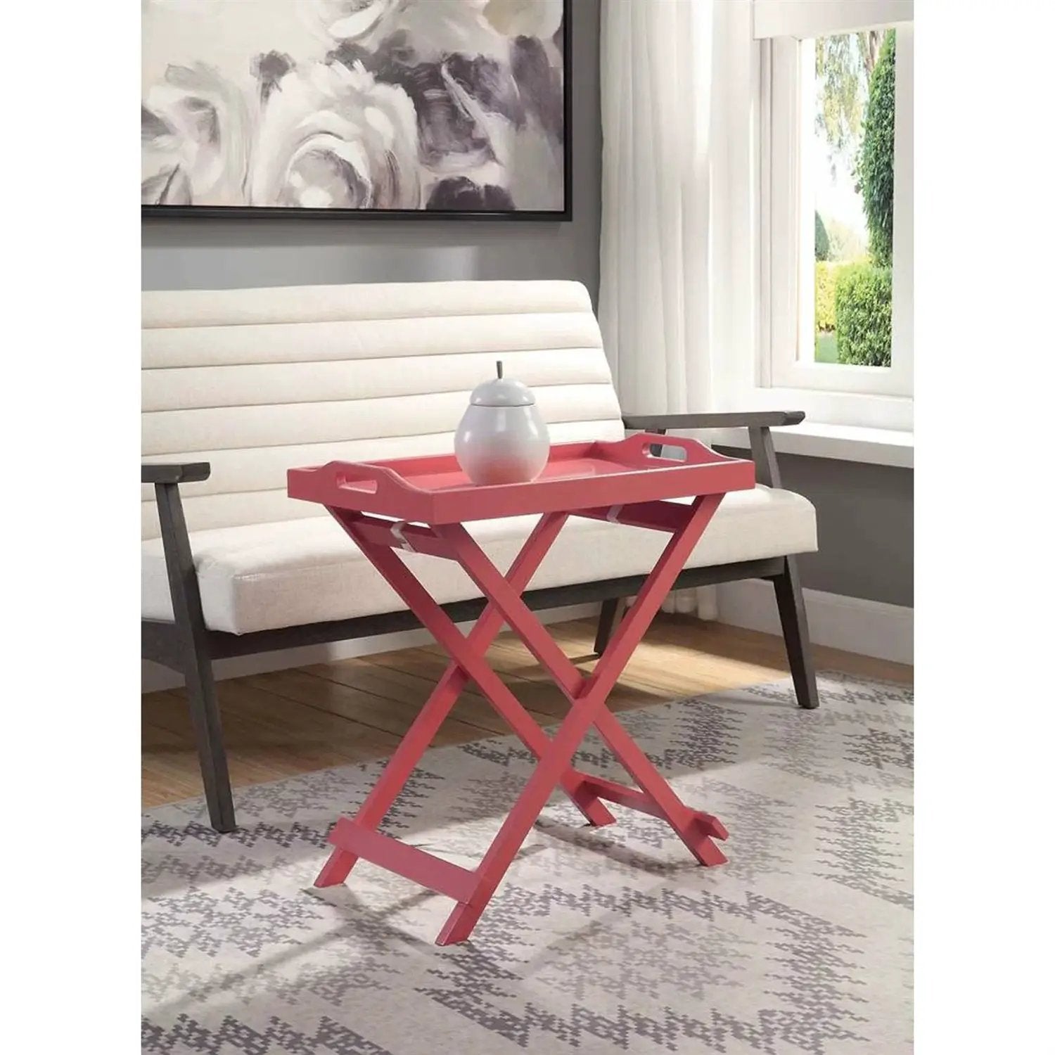 Folding TV Tray Bedside Table in Coral Red Pink Orange Wood Finish by HomePacific