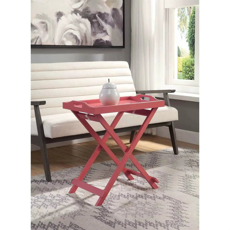 Folding TV Tray Bedside Table in Coral Red Pink Orange Wood Finish by HomePacific