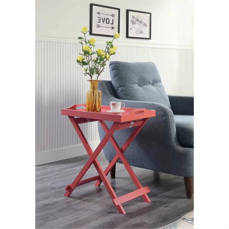 Folding TV Tray Bedside Table in Coral Red Pink Orange Wood Finish by HomePacific