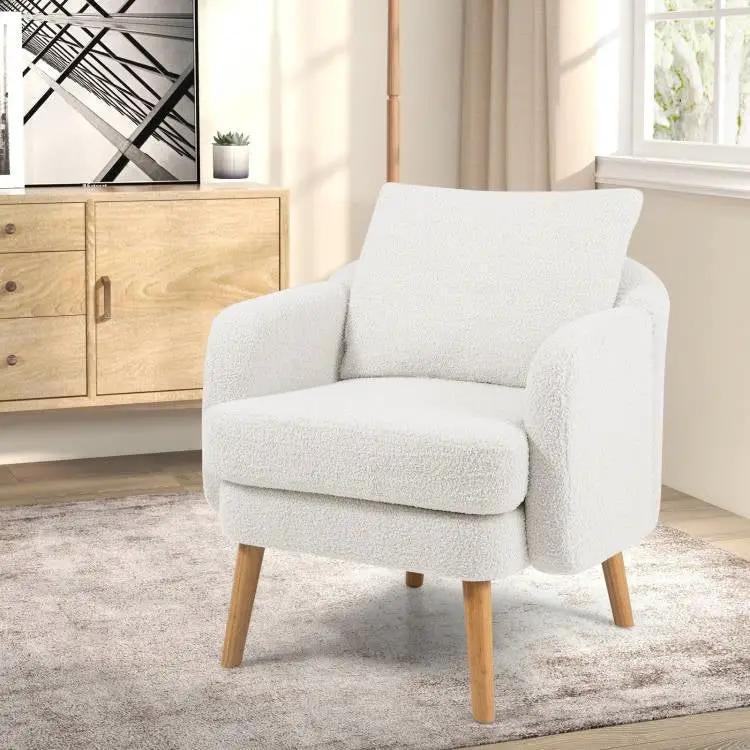 Modern White Sherpa Upholstered Accent Chair with Wooden Legs by HomePacific