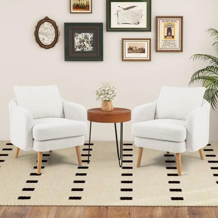 Modern White Sherpa Upholstered Accent Chair with Wooden Legs by HomePacific