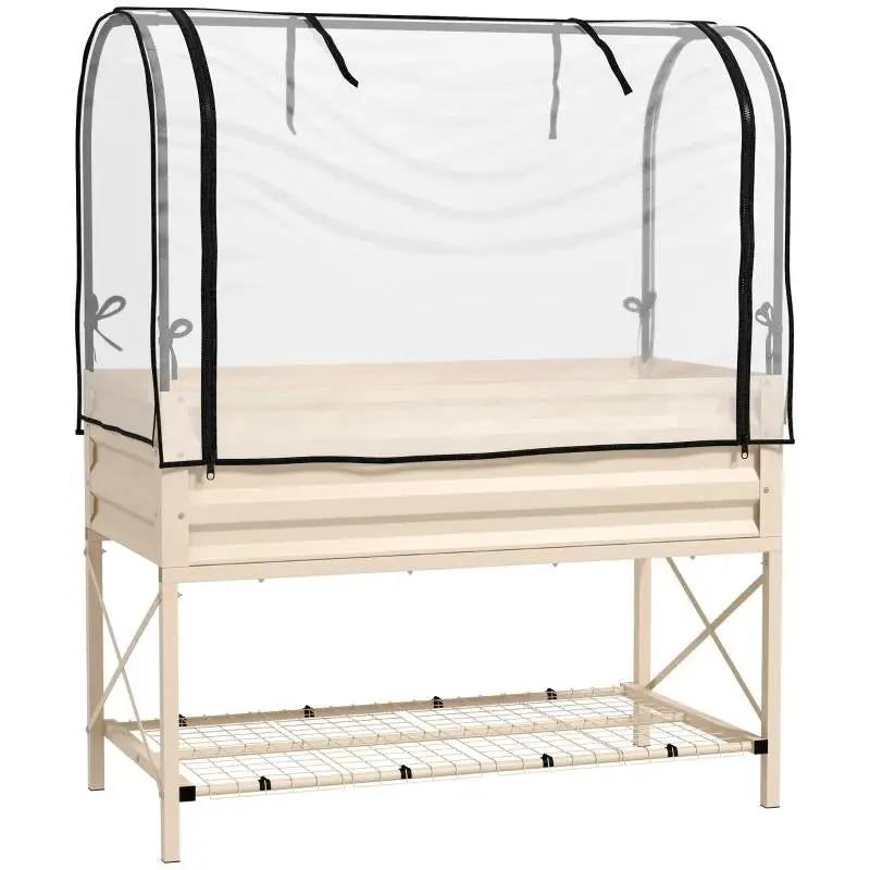 Cream Elevated Metal Raised Garden Bed w/ Greenhouse Cover by HomePacific