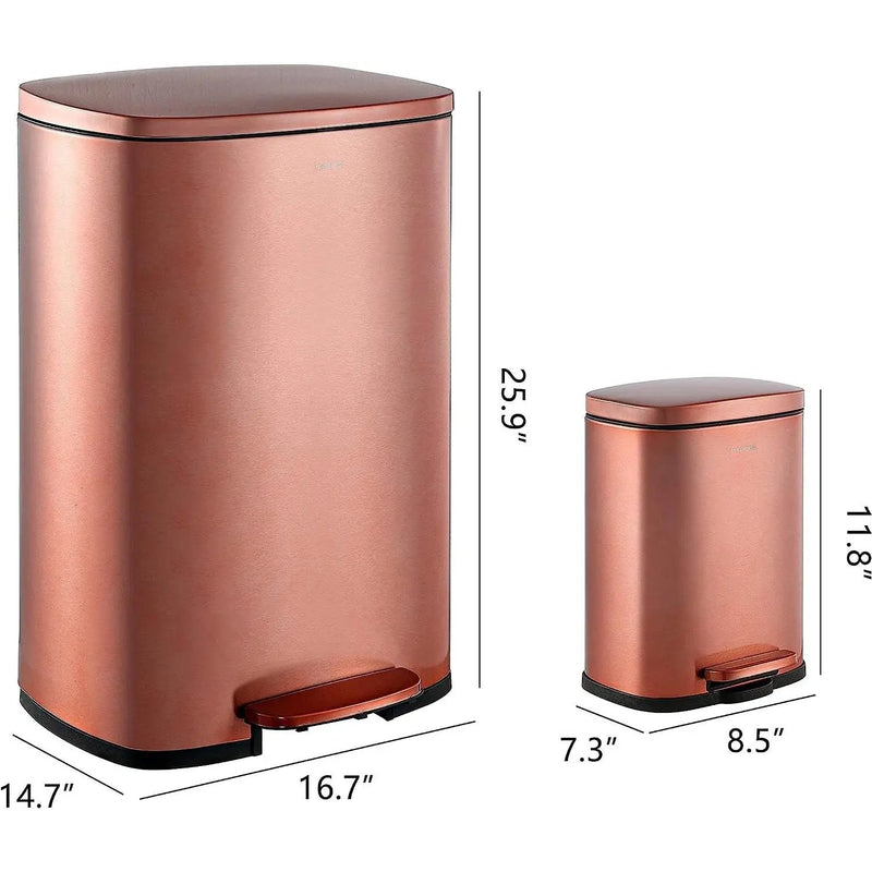 Set of 2 - Copper Gold Step-on Trash Can - 13-Gallon and 1.3-Gallon by HomePacific