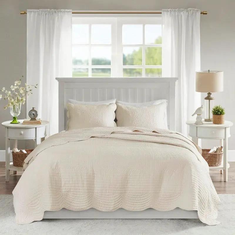 King Size 3 Piece Reversible Scalloped Edges Microfiber Quilt Set in Cream by HomePacific