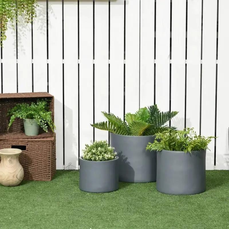 Set of 3 Stackable Round Outdoor Flower Pot Planters with Drainage Holes in Grey by HomePacific