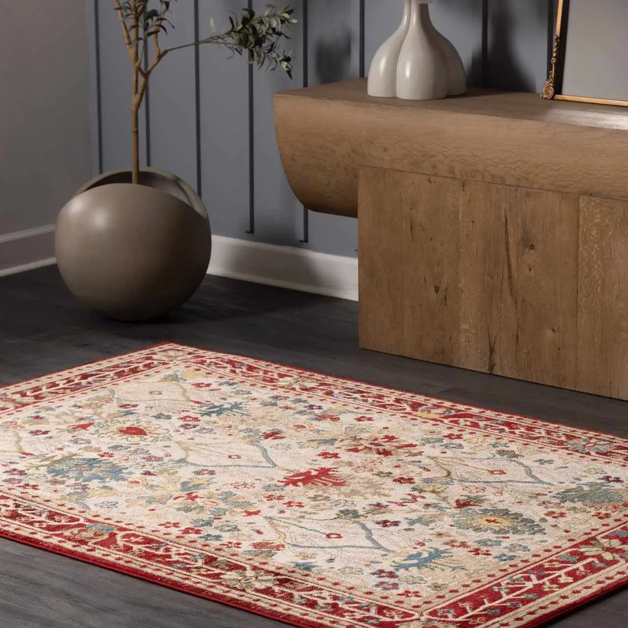 Neola White/Red Damask Area Rug by Boutique Rugs