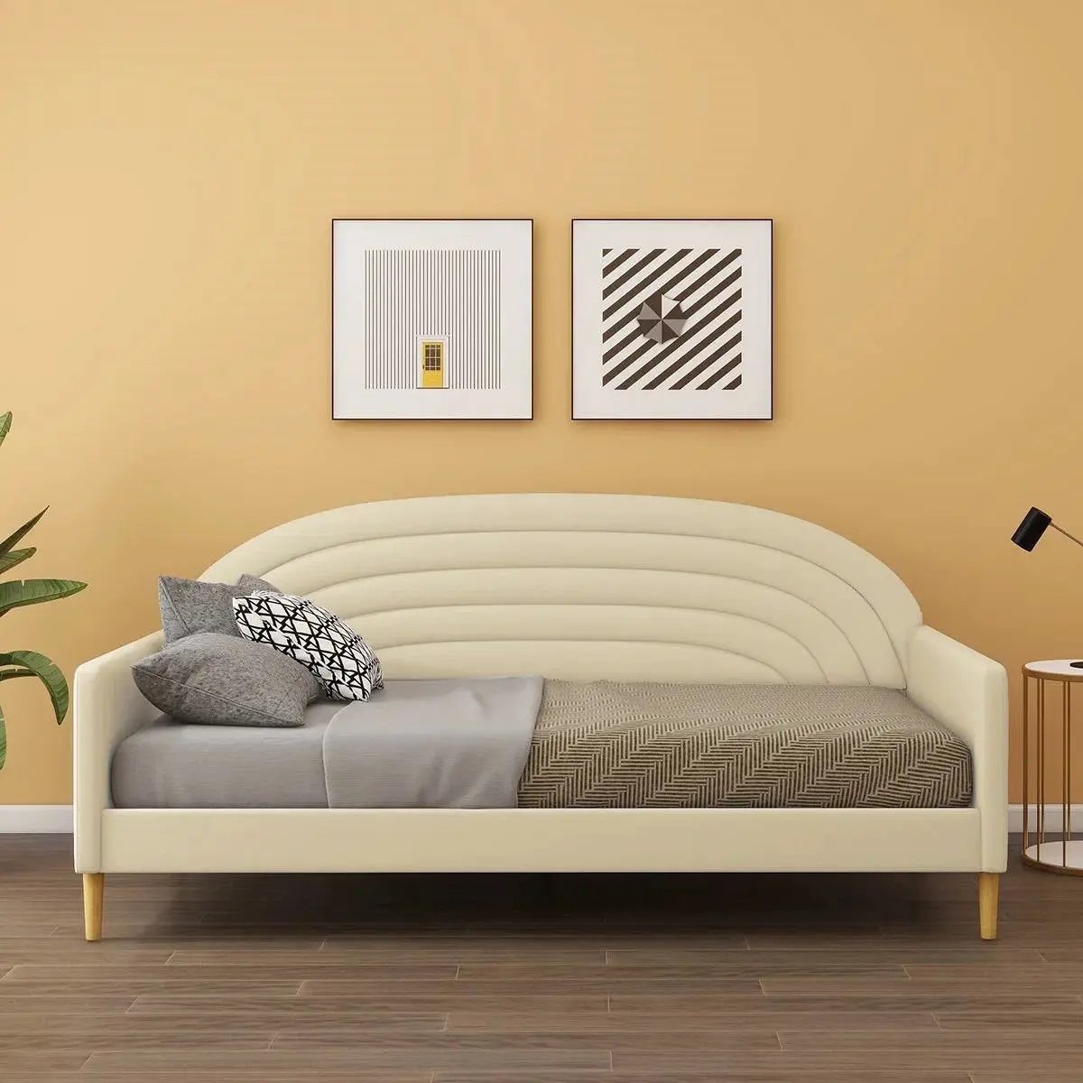 Twin size Mid-Century Modern Off-White Cream Velvet Upholstered Daybed by HomePacific