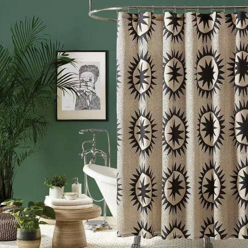 72 x 72 in. Cotton Poly Shower Curtain w/ Cream Brown Sun Star Medallion Pattern by HomePacific
