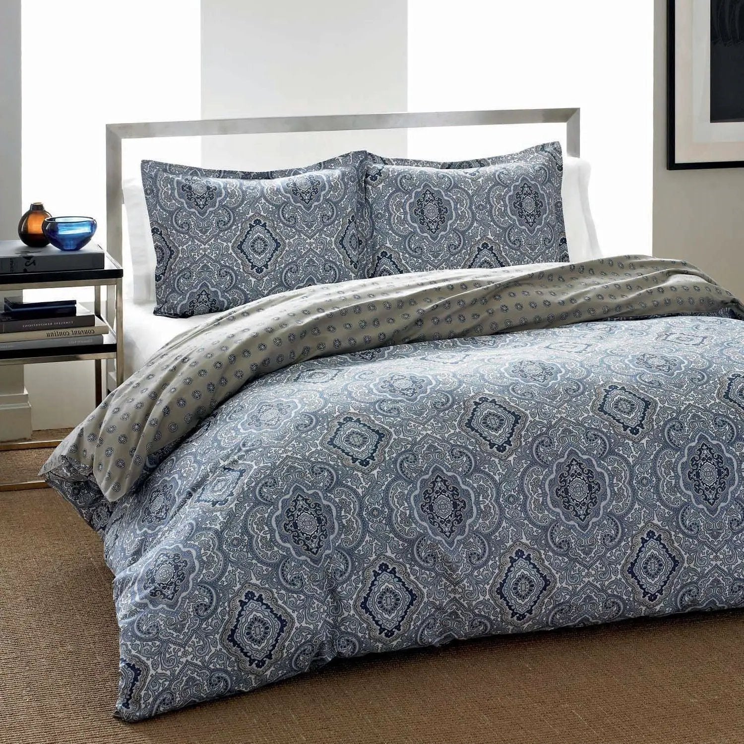 King 3-Piece Cotton Comforter Set with Blue Grey Damask Pattern by HomePacific