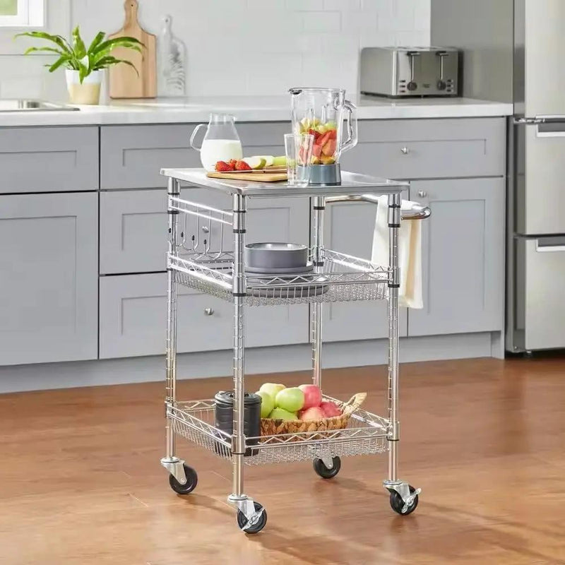 Compact Kitchen Cart with Stainless Steel Top and 2 Bottom Storage Shelves by HomePacific