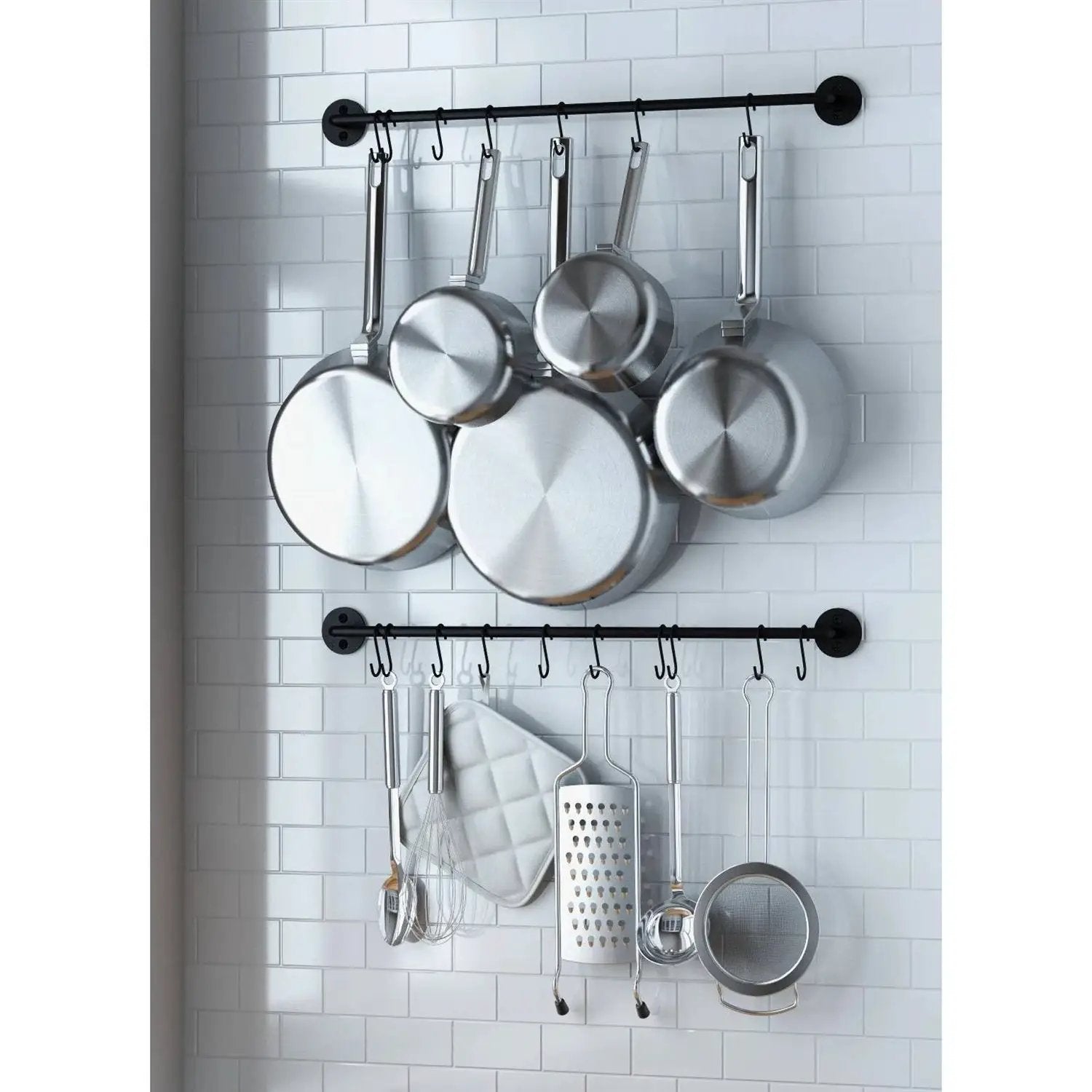 Set of 2 - Black Metal Wall Mounted Pot Rack with 20 Hanging Hooks by HomePacific