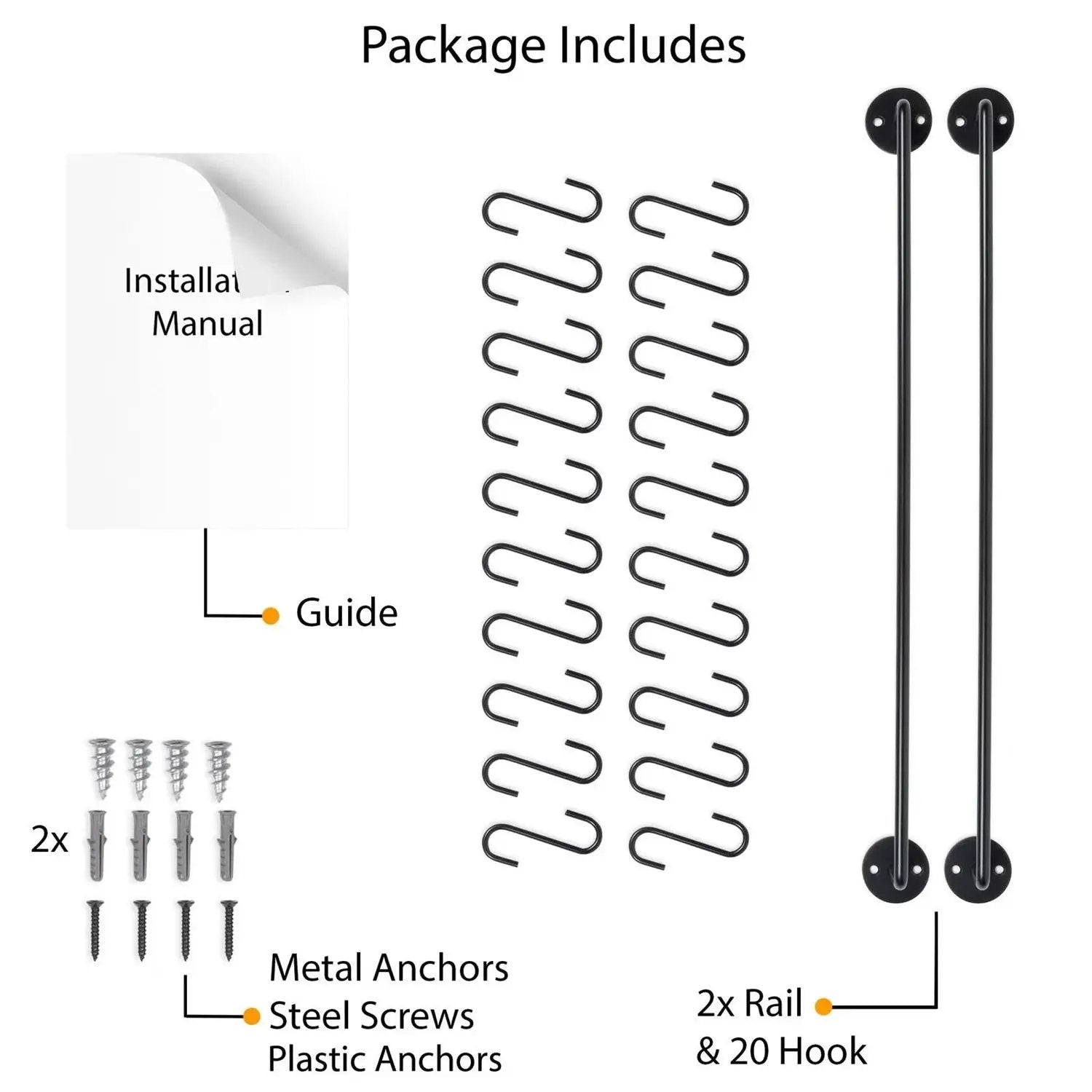 Set of 2 - Black Metal Wall Mounted Pot Rack with 20 Hanging Hooks by HomePacific
