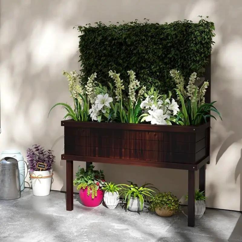 Espresso Fir Wood Elevated Raised Garden Bed With Stylish Climbing Trellis by HomePacific