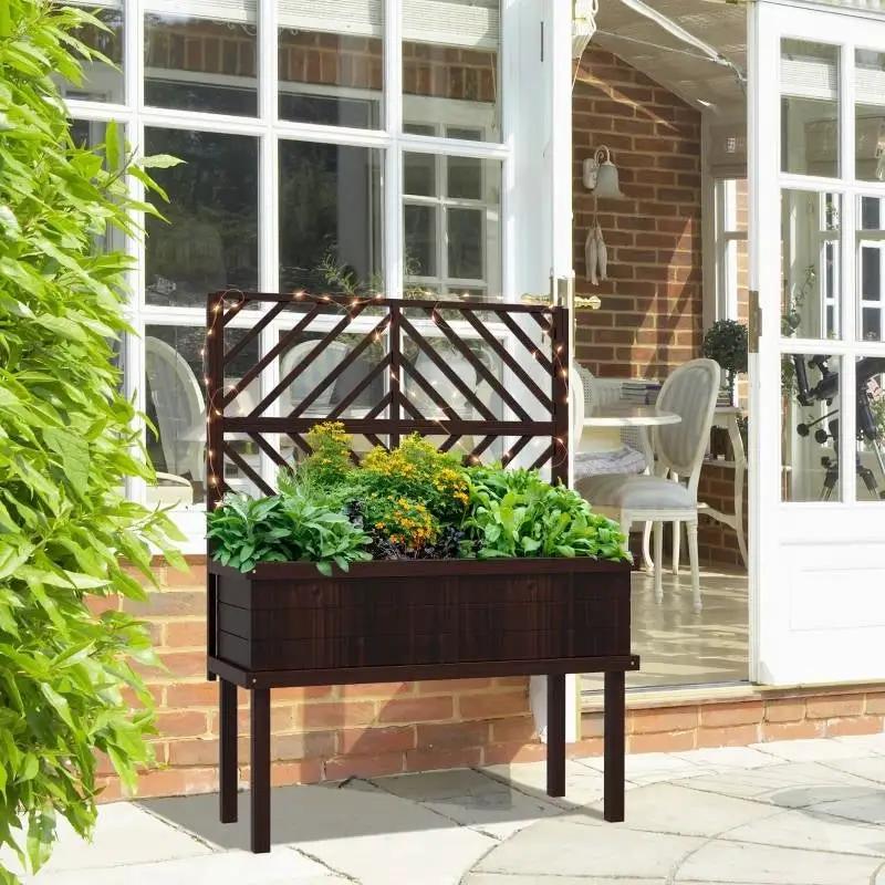 Espresso Fir Wood Elevated Raised Garden Bed With Stylish Climbing Trellis by HomePacific