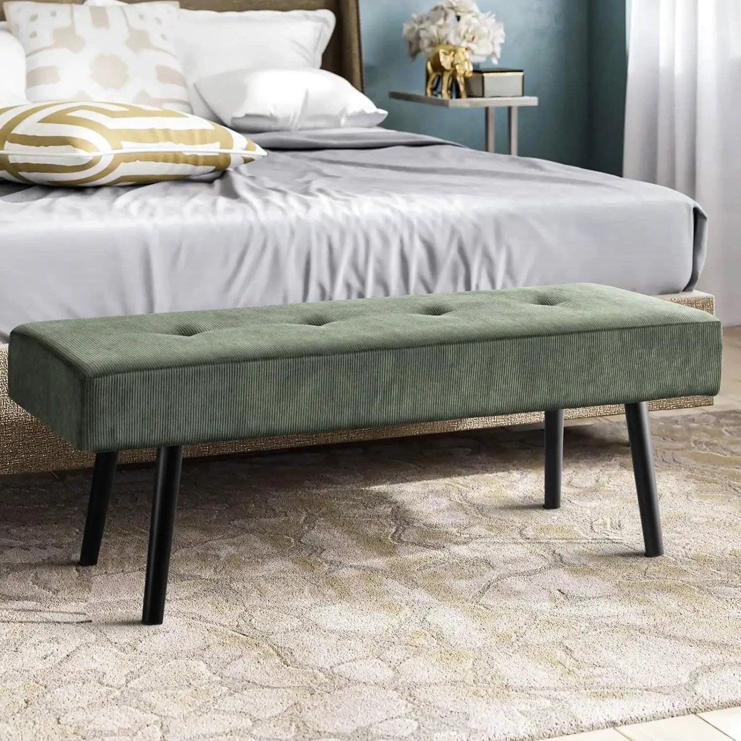 Mid-Century Green Corduroy Upholstered End of Bed Bench with Black Metal Legs by HomePacific