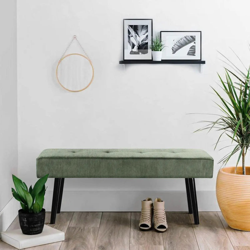 Mid-Century Green Corduroy Upholstered End of Bed Bench with Black Metal Legs by HomePacific
