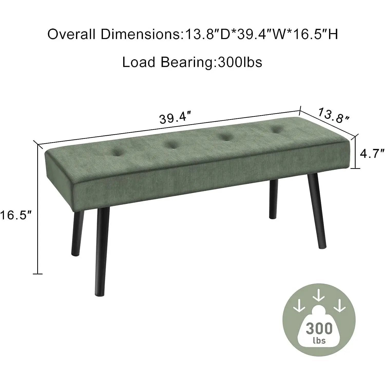 Mid-Century Green Corduroy Upholstered End of Bed Bench with Black Metal Legs by HomePacific