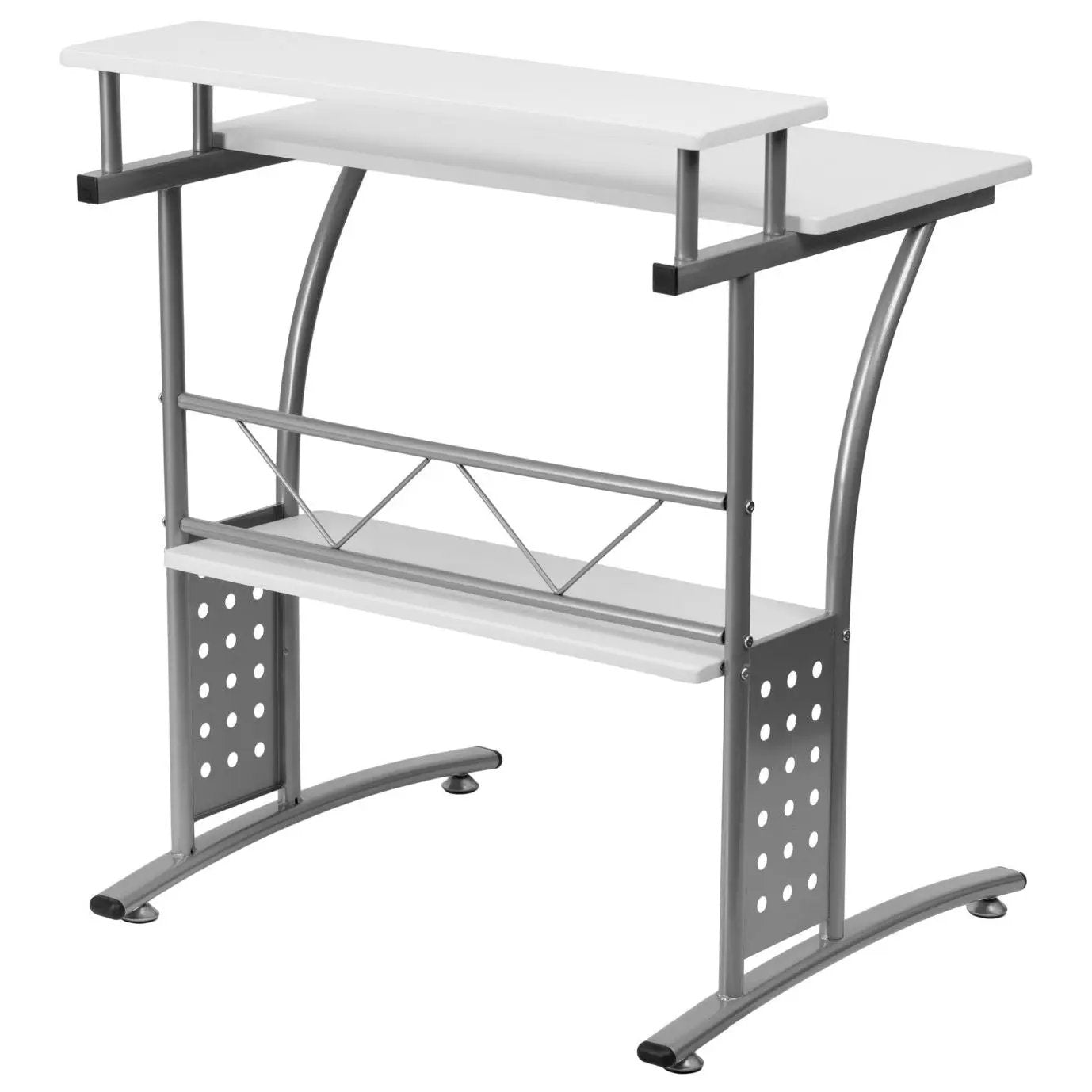 Modern Metal Frame Computer Desk with White Laminate Top and Raised Shelf by HomePacific