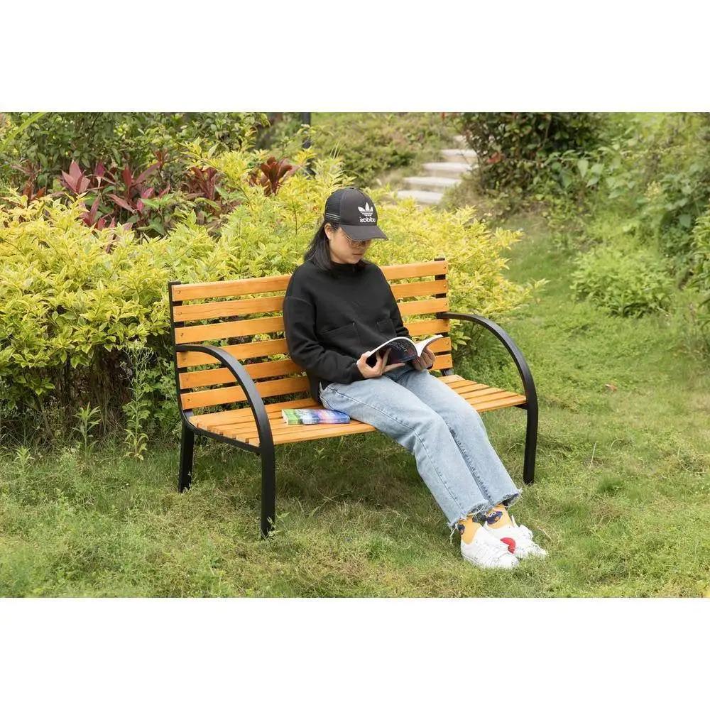 Outdoor Black Metal Frame Garden Bench with Wood Slats and Curved Armrests by HomePacific