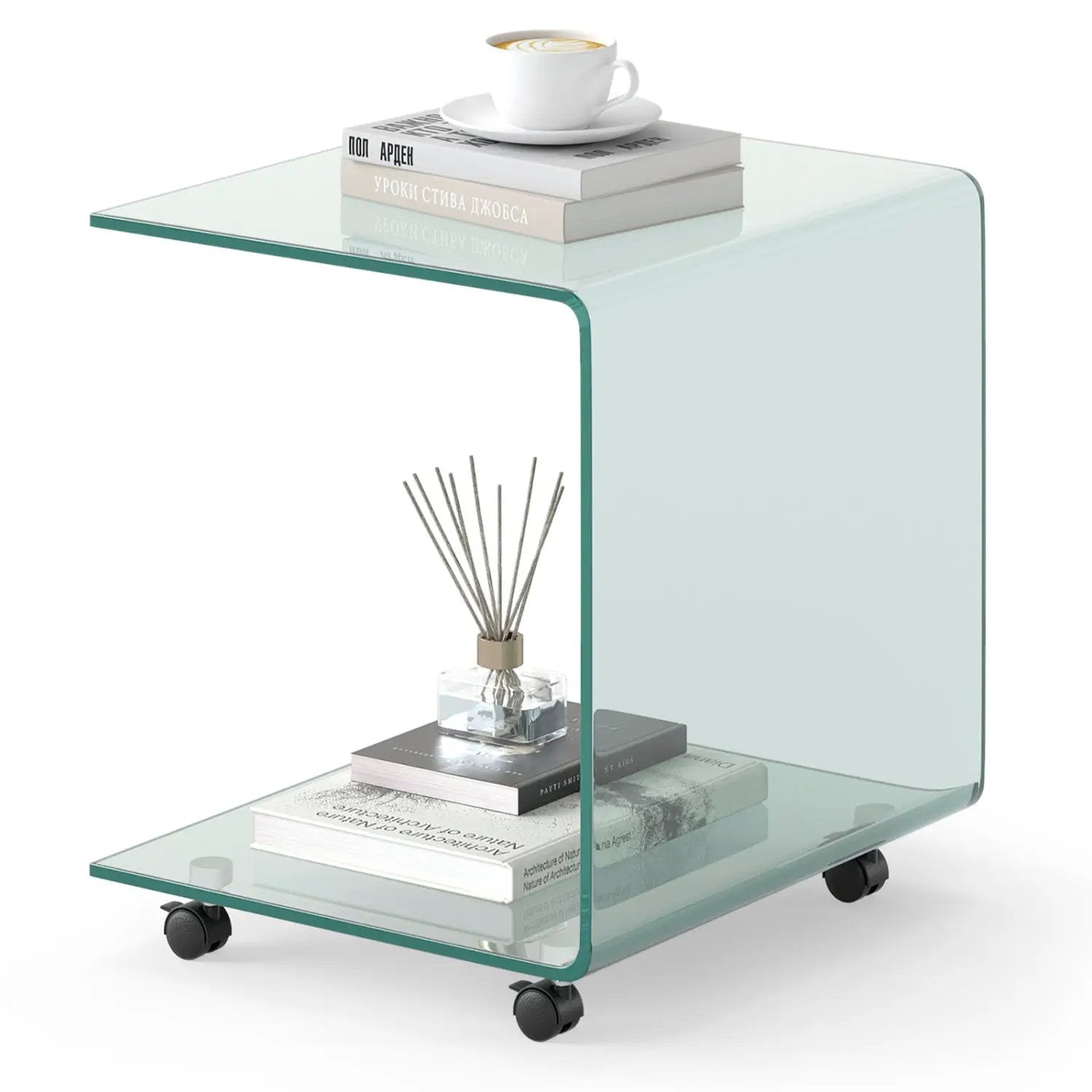 C-Shaped End Table Modern Tempered Glass Side Table with Shelf by DirectDeals