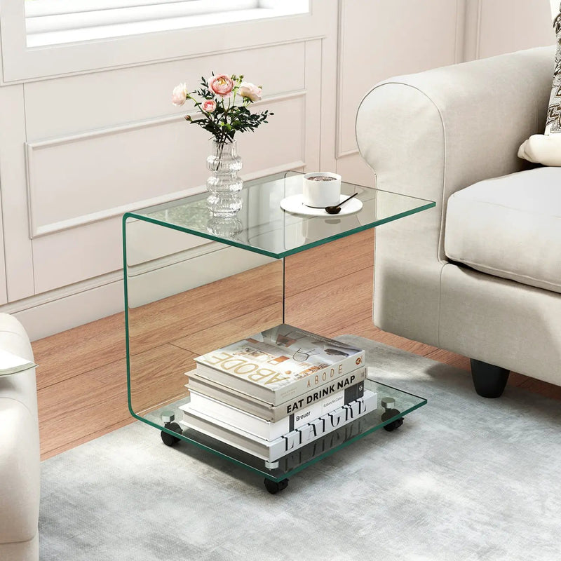 C-Shaped End Table Modern Tempered Glass Side Table with Shelf by DirectDeals