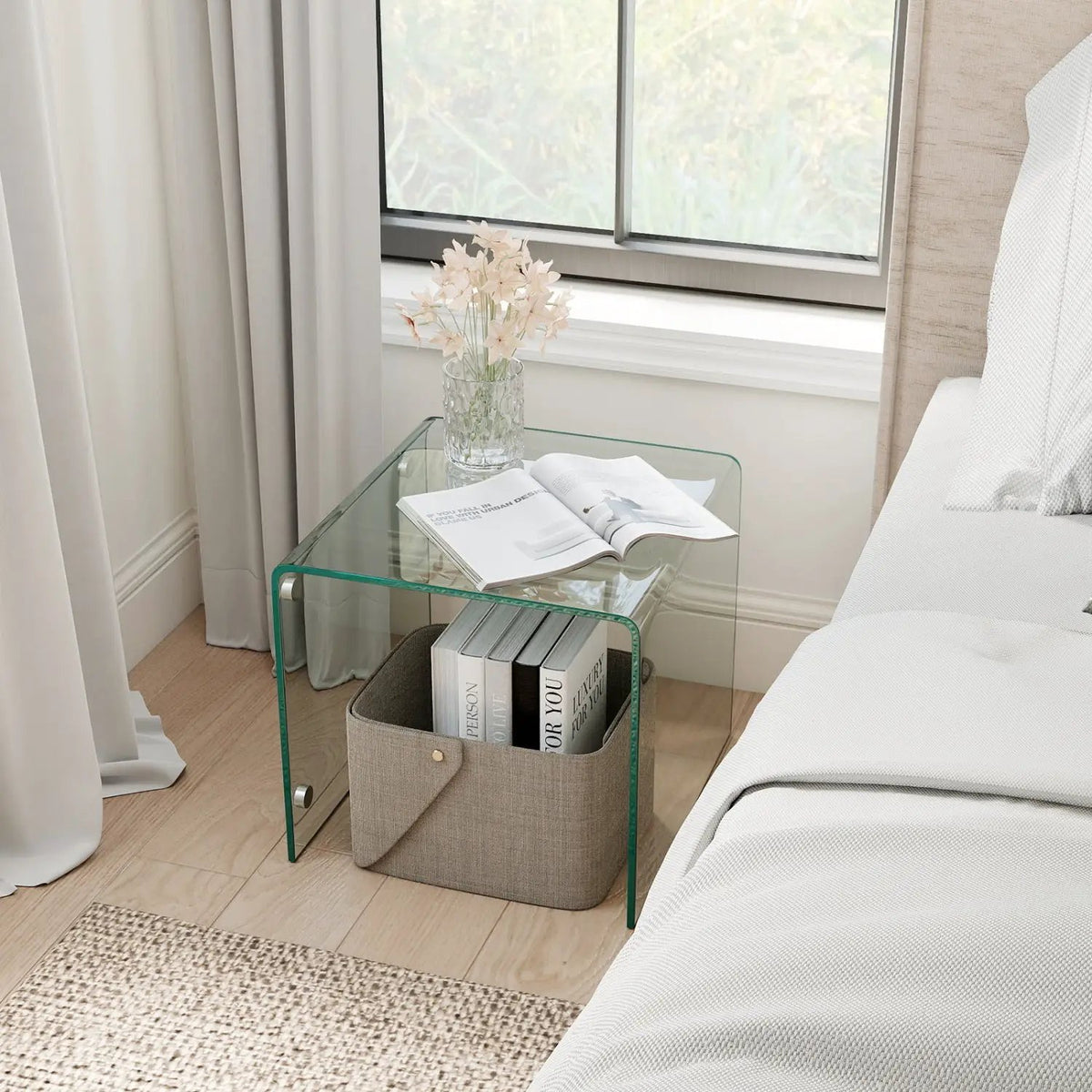 C-Shaped End Table Modern Tempered Glass Side Table with Shelf by DirectDeals