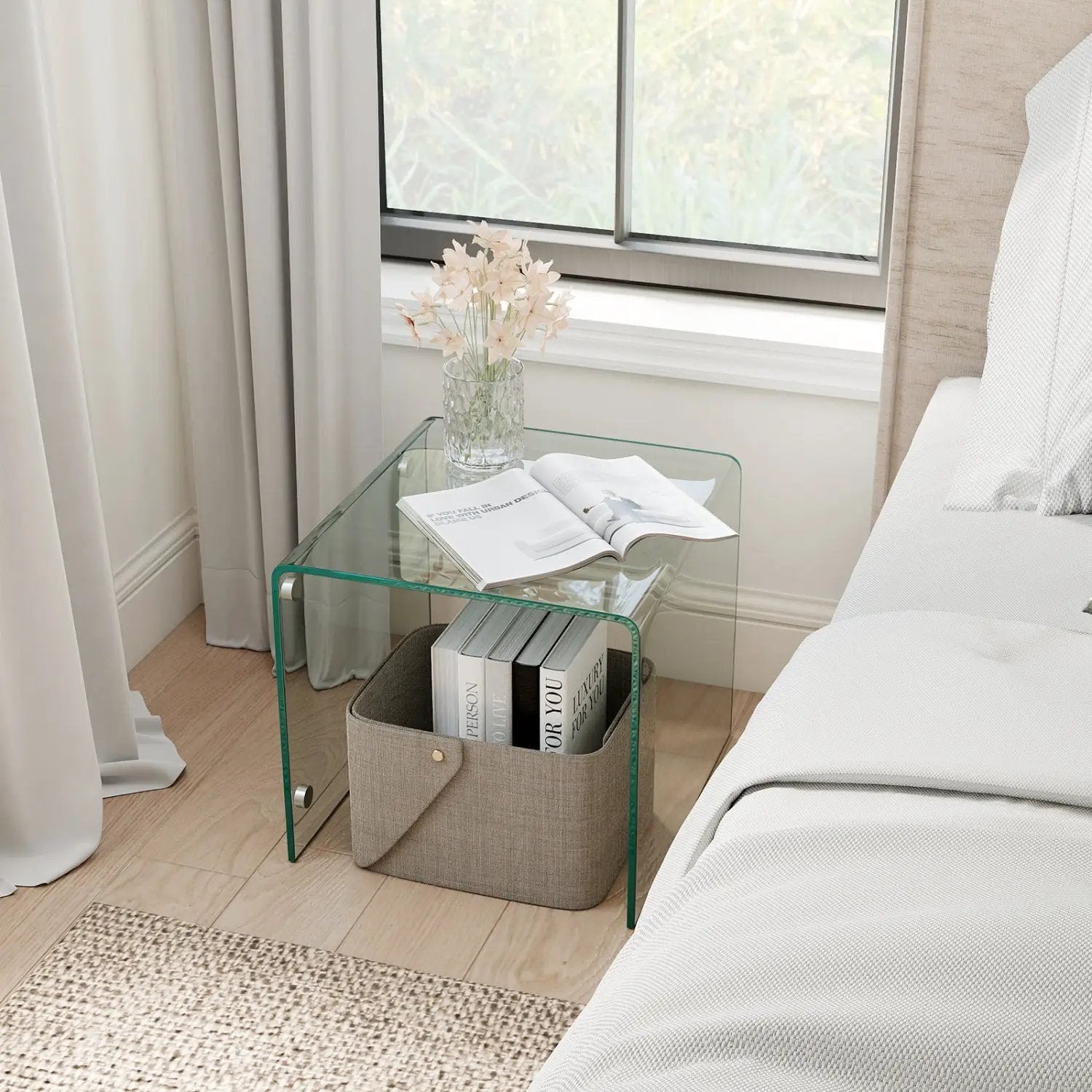 C-Shaped End Table Modern Tempered Glass Side Table with Shelf by DirectDeals