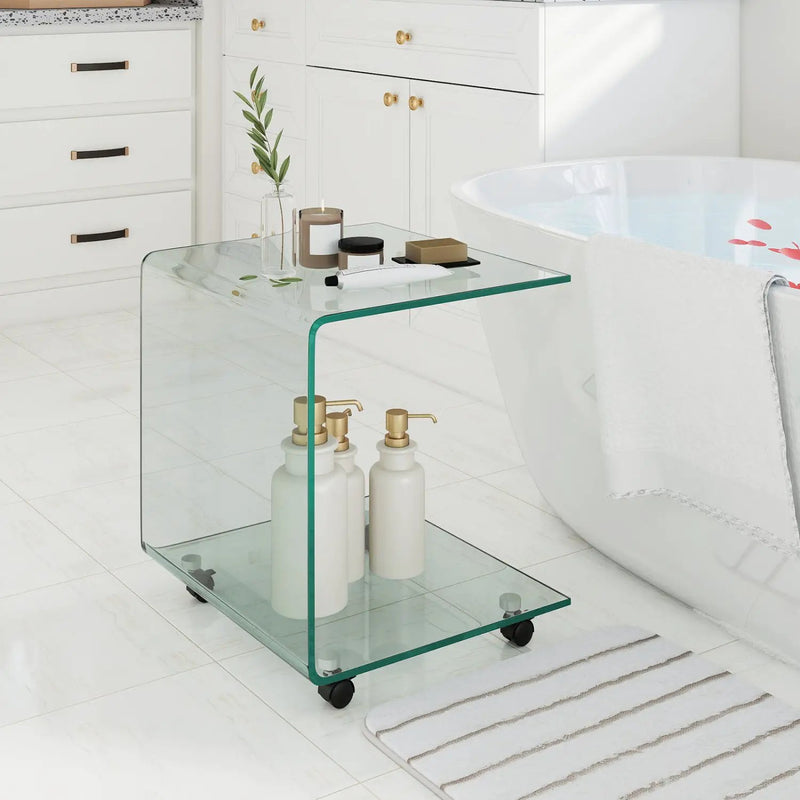 C-Shaped End Table Modern Tempered Glass Side Table with Shelf by DirectDeals