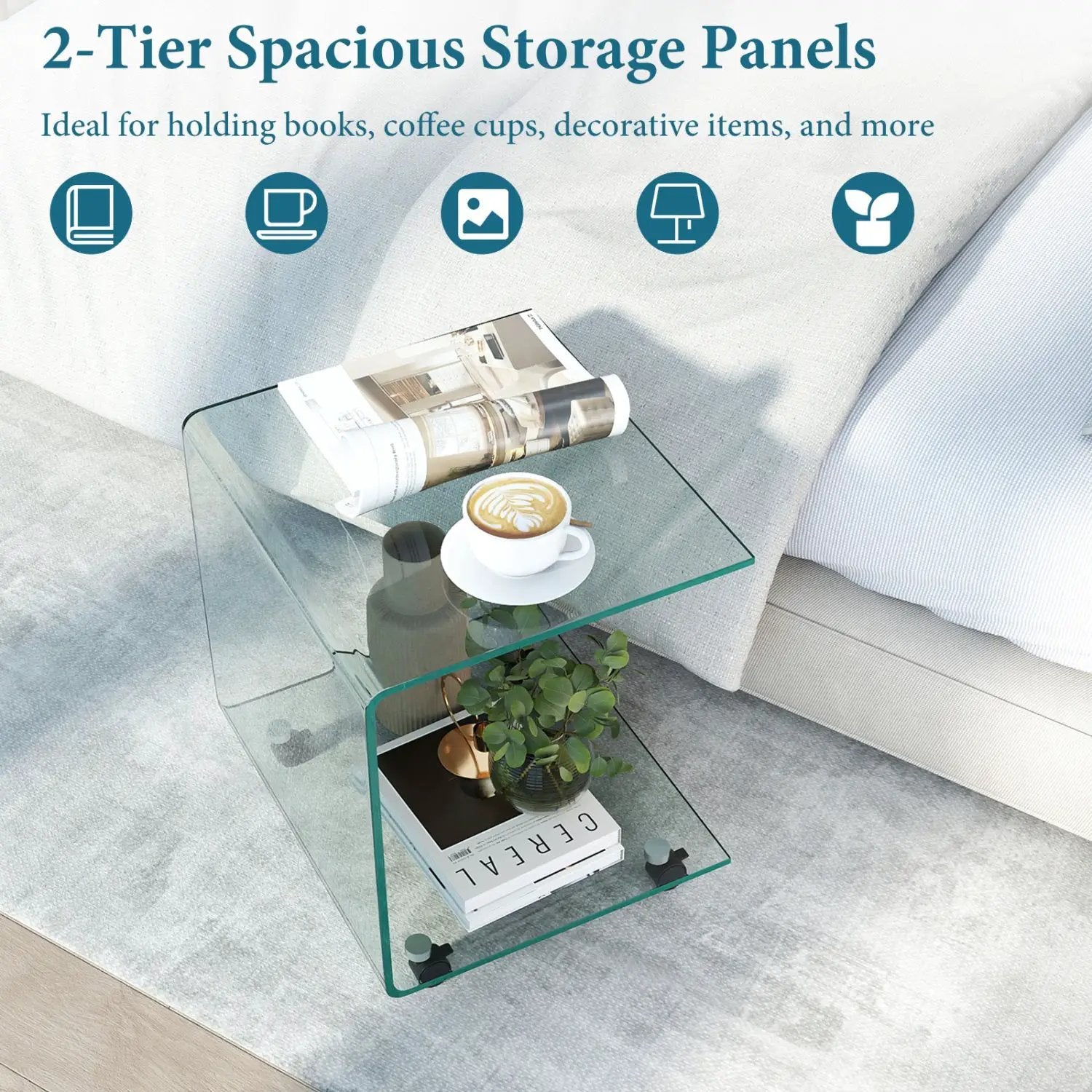 C-Shaped End Table Modern Tempered Glass Side Table with Shelf by DirectDeals