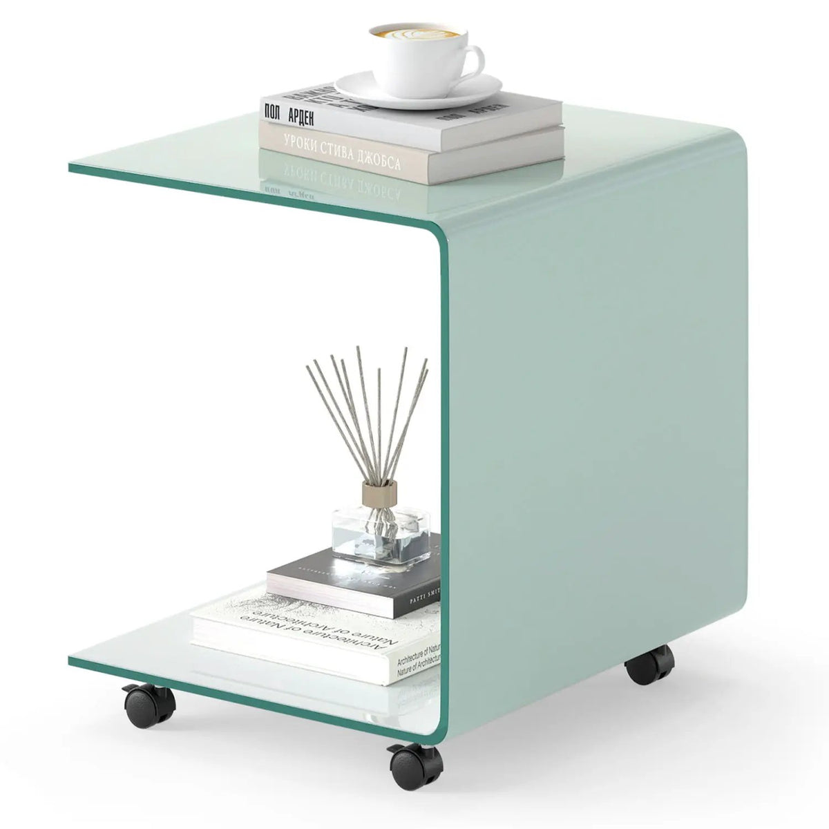 C-Shaped End Table Modern Tempered Glass Side Table with Shelf by DirectDeals