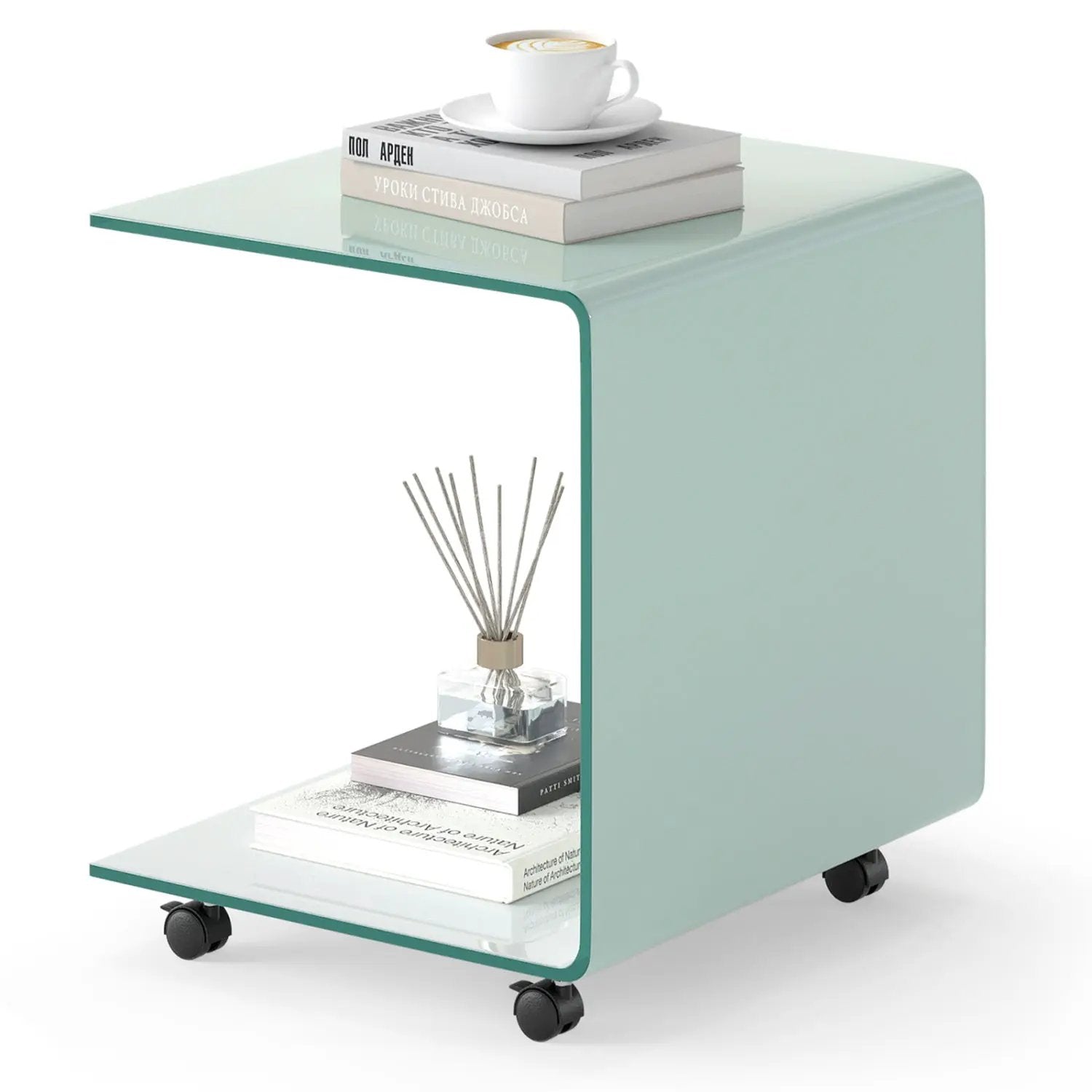 C-Shaped End Table Modern Tempered Glass Side Table with Shelf by DirectDeals