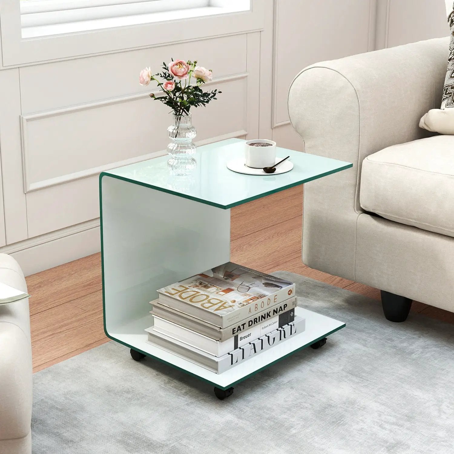 C-Shaped End Table Modern Tempered Glass Side Table with Shelf by DirectDeals