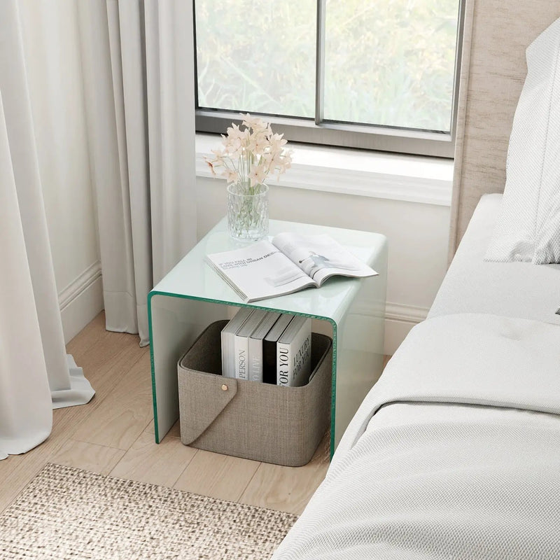 C-Shaped End Table Modern Tempered Glass Side Table with Shelf by DirectDeals