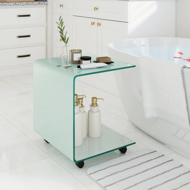 C-Shaped End Table Modern Tempered Glass Side Table with Shelf by DirectDeals