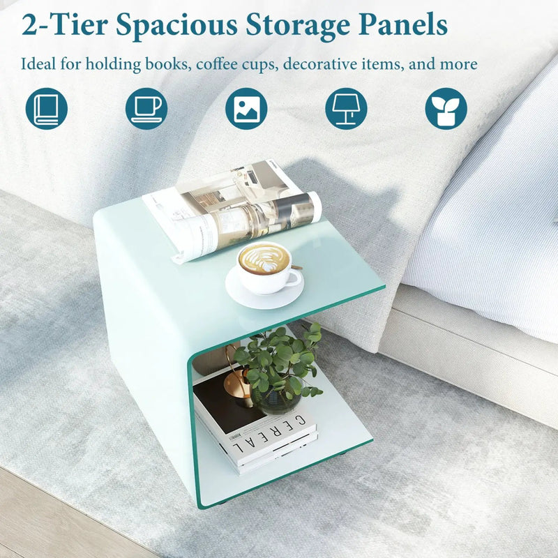 C-Shaped End Table Modern Tempered Glass Side Table with Shelf by DirectDeals