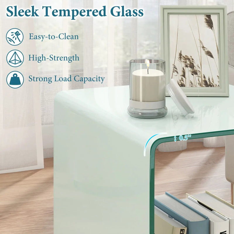 C-Shaped End Table Modern Tempered Glass Side Table with Shelf by DirectDeals