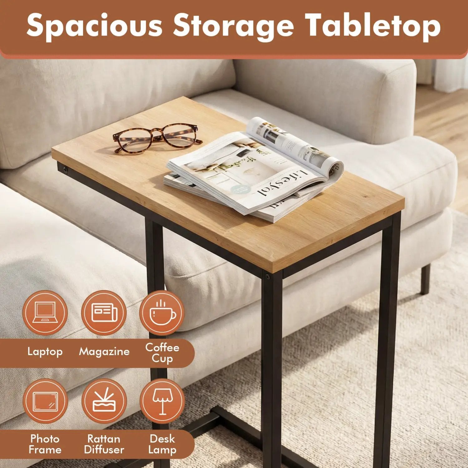 C-Shaped End Table Small Side Table with Sturdy Metal Frame by DirectDeals