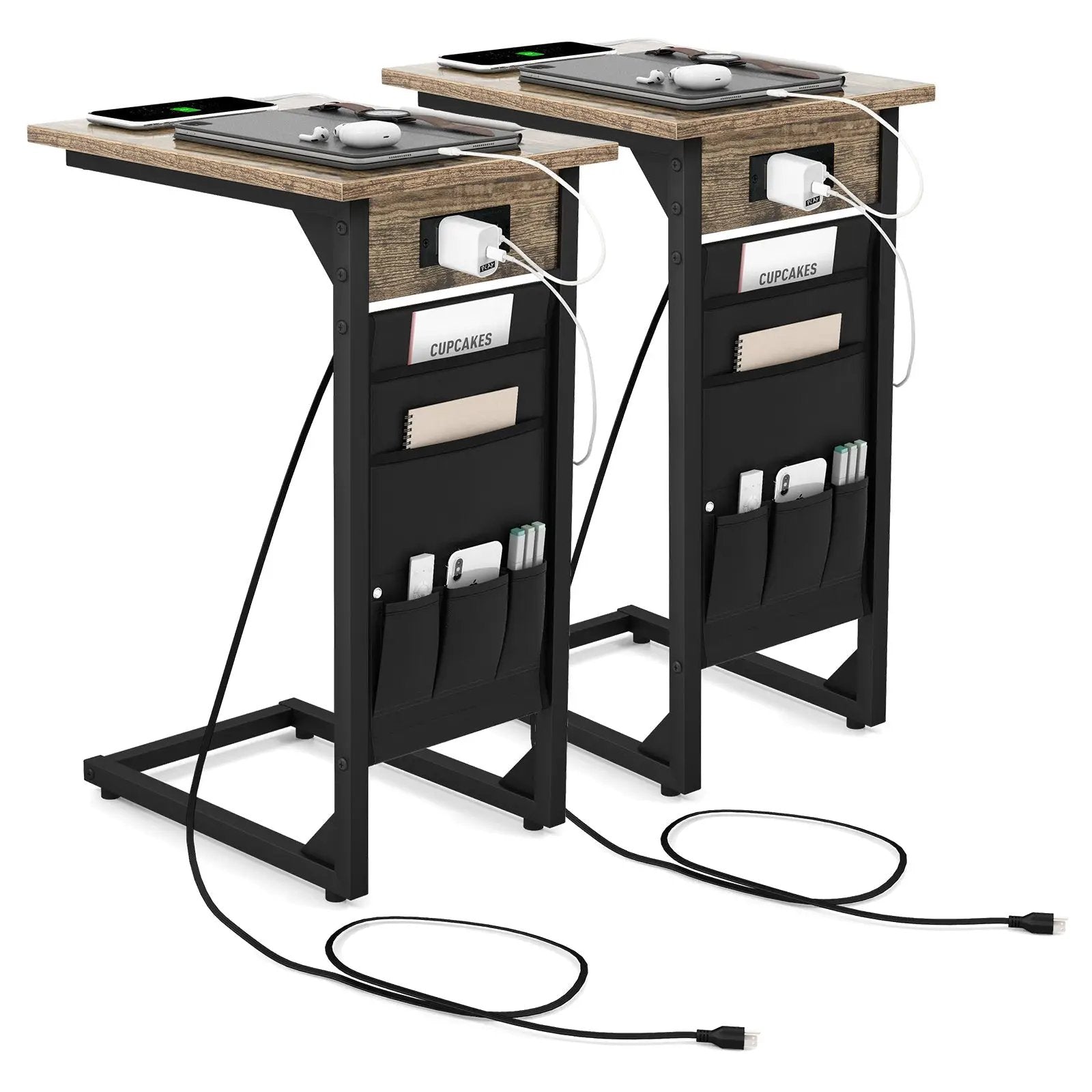 Set of 2 C Shaped End Table with Charging Station-Rustic Brown by DirectDeals